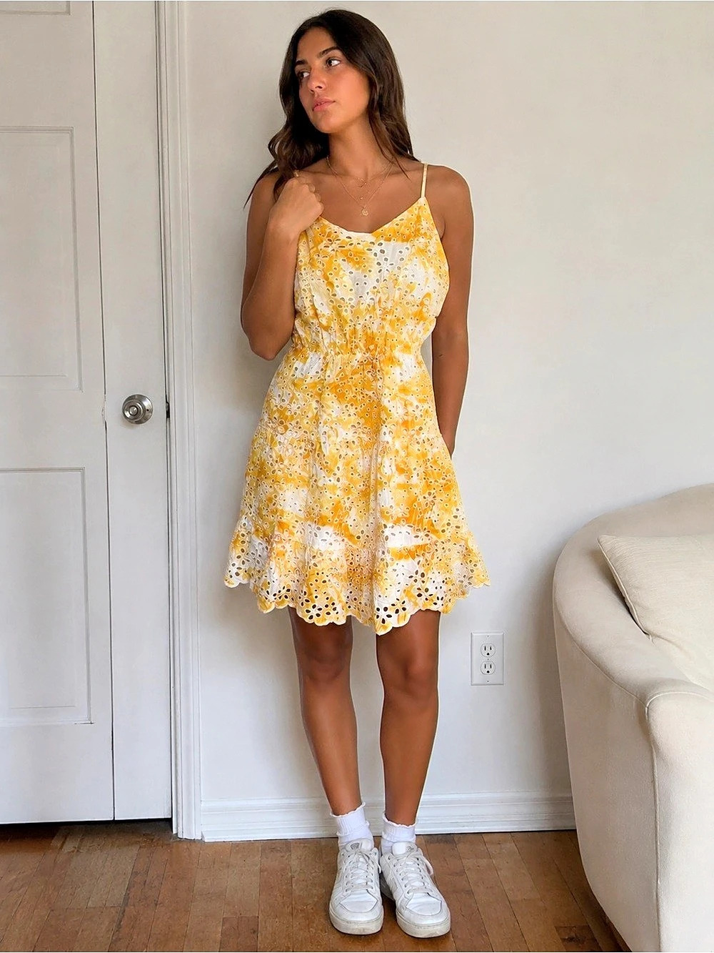 Express Yellow Floral Eyelet Ruffle Hem Dress Size Extra Small
